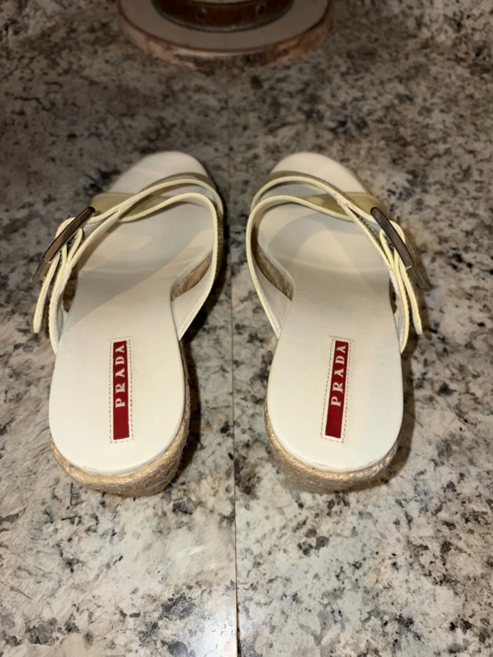 Prada Espadrille Wedge Sandals Yellow Leather Buckle Platform Made in Italy EUC